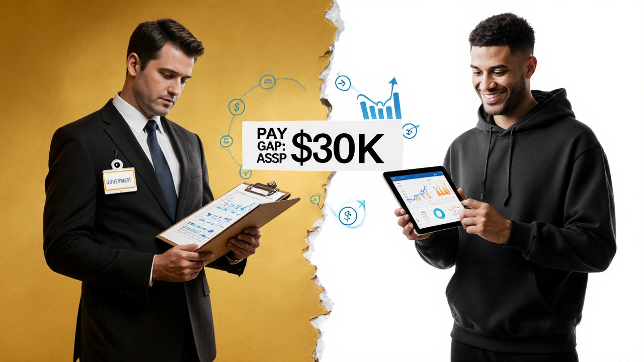 Side-by-side comparison of a government employee and a private sector worker, highlighting salary and opportunity gap.