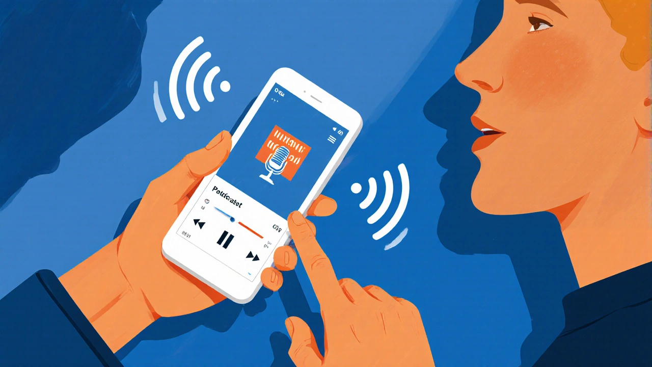 Someone shadowing a podcast by speaking along with audio waves visually emerging from their phone.