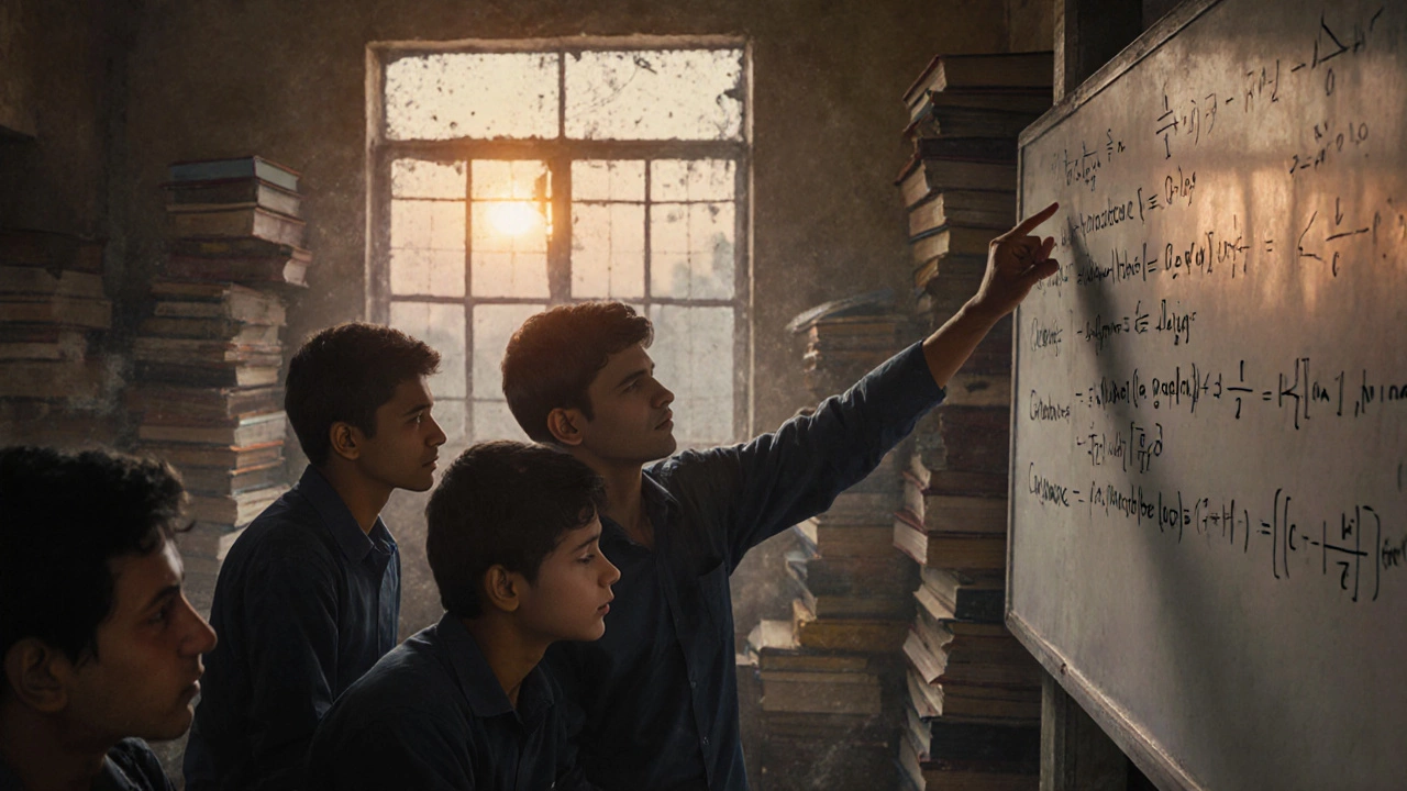 Students solving advanced math problems together in a coaching center at dawn.