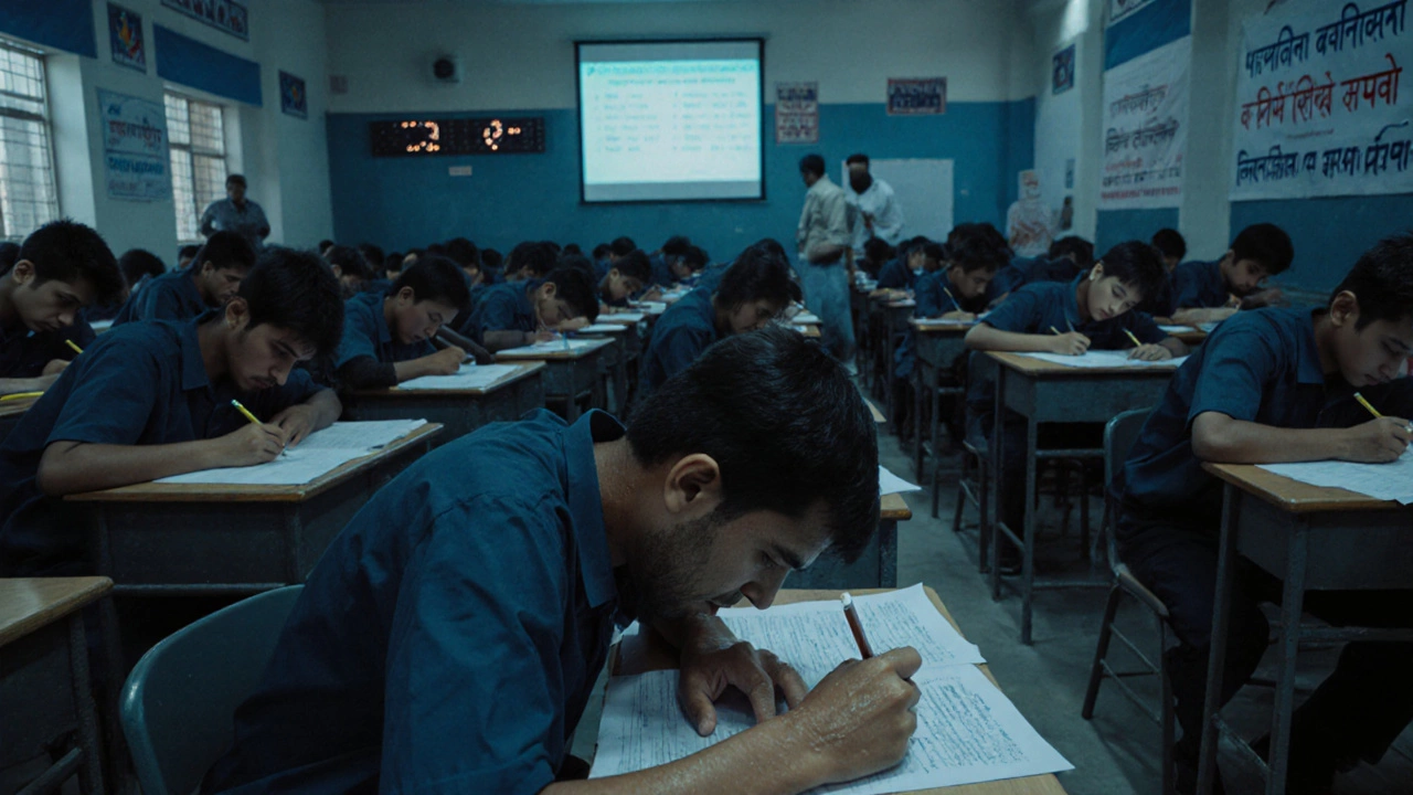 Students taking the intense IIT JEE Advanced exam in a silent, crowded hall.