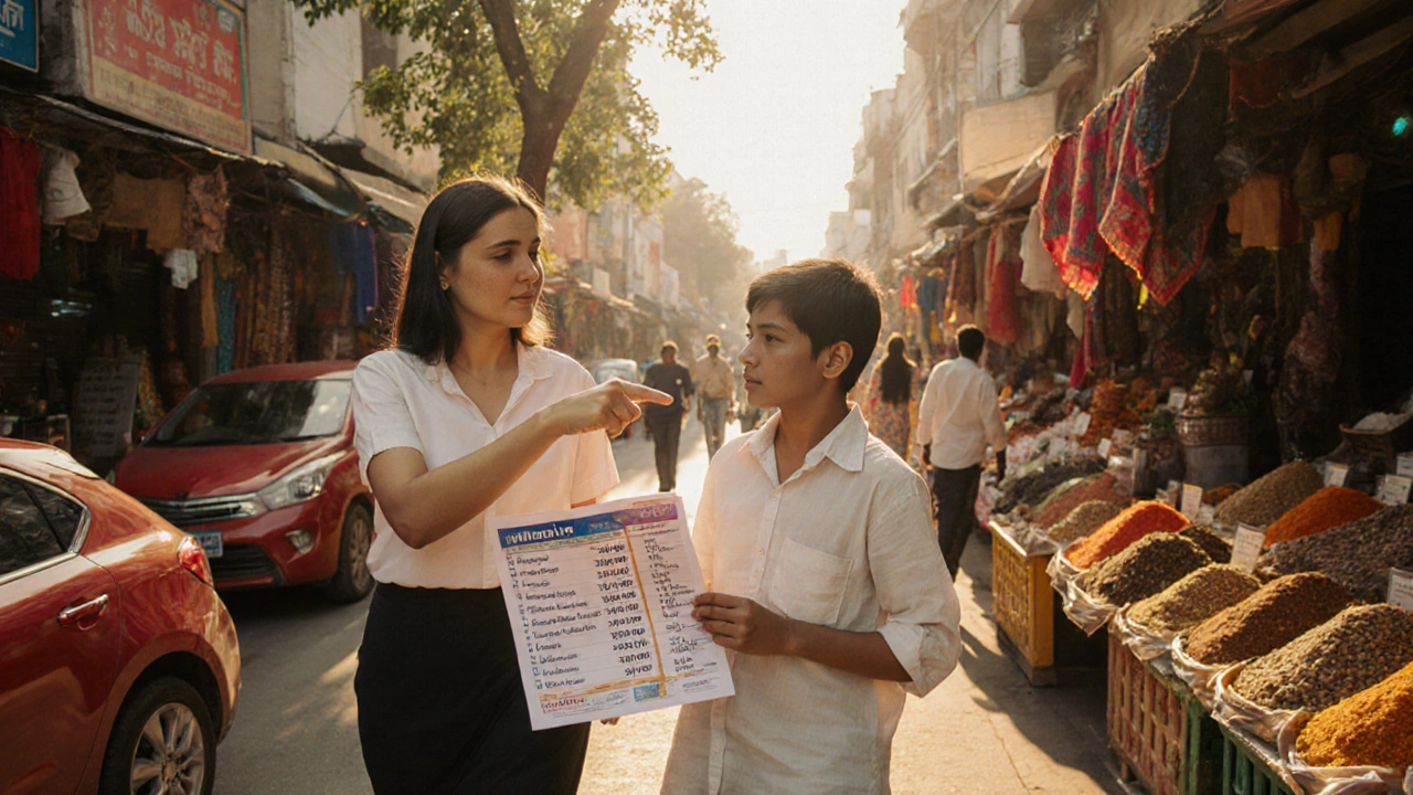 Teacher and student learning English by pointing to everyday objects in a vibrant outdoor market.