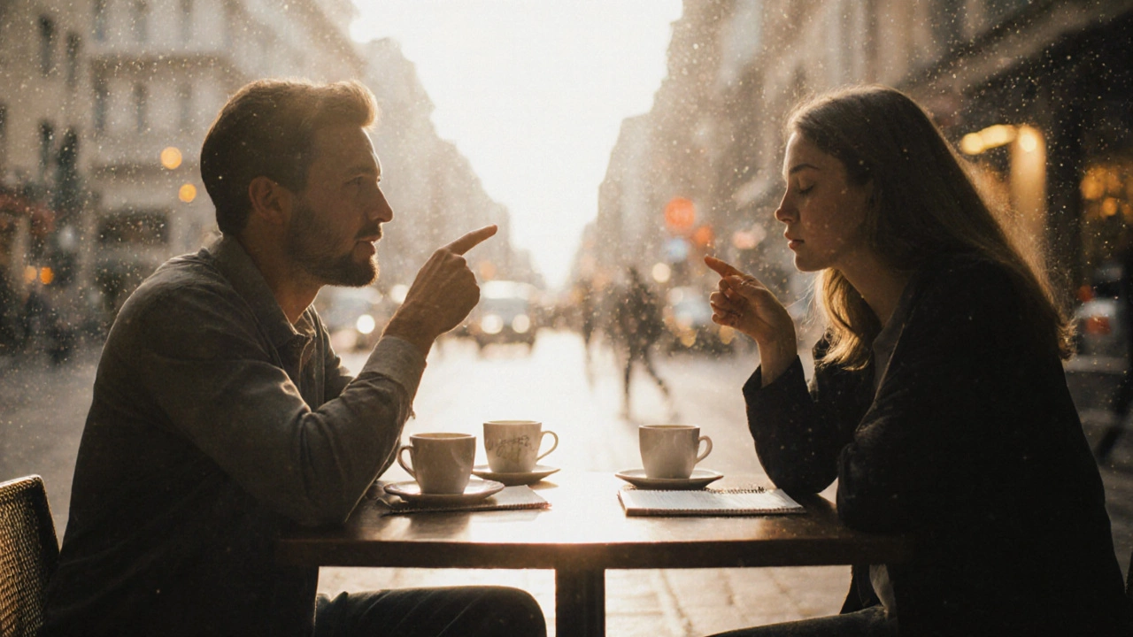 Two people having a friendly conversation in English at a café, one speaking and the other listening attentively.