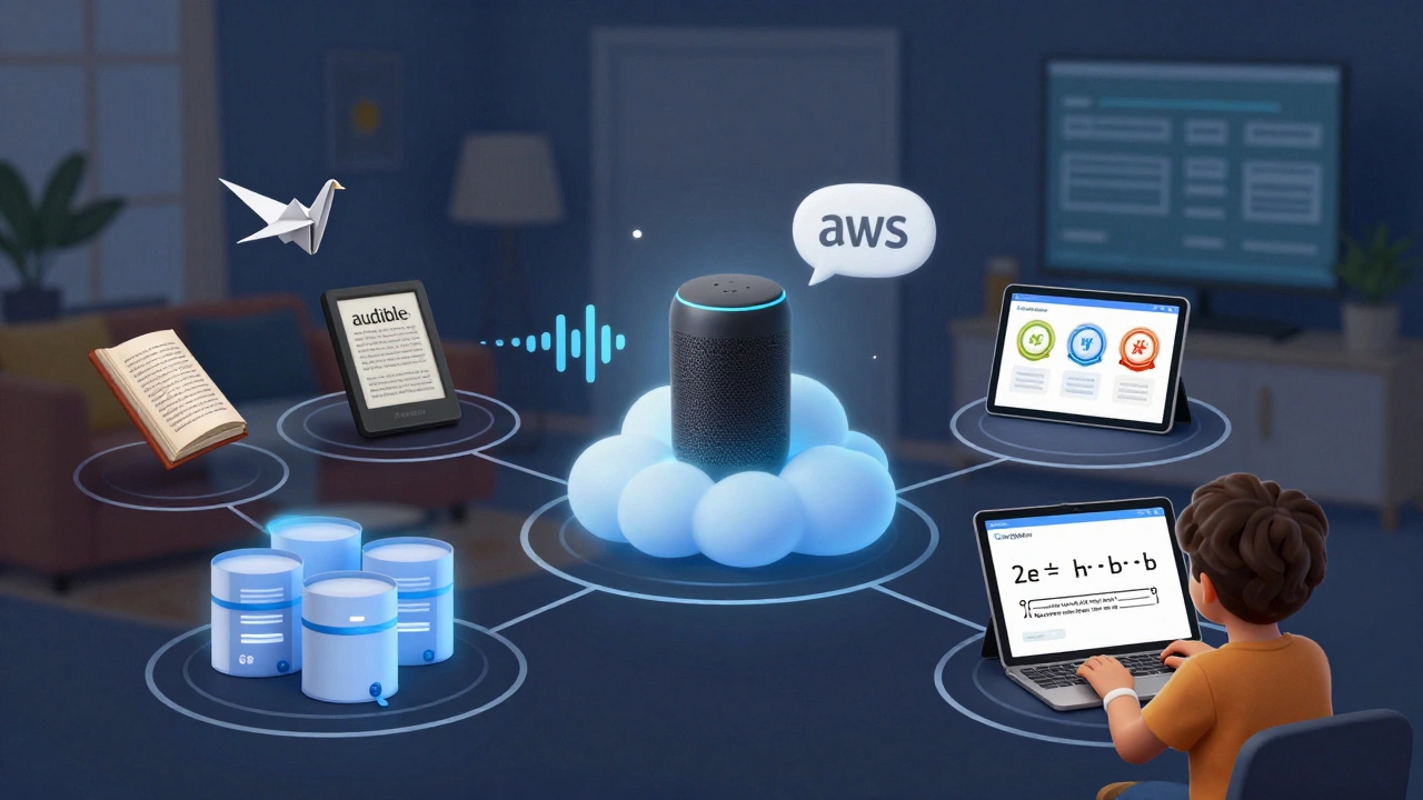 A digital web connects Kindle books, Alexa speech bubbles, and AWS cloud servers in a seamless learning ecosystem.