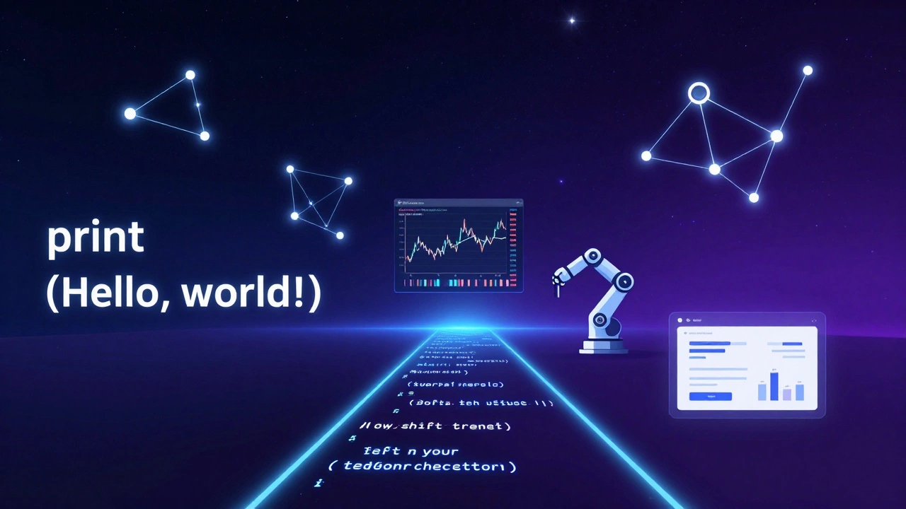 A glowing code path leading from basic Python to AI, finance, robotics, and web apps under a starry sky.