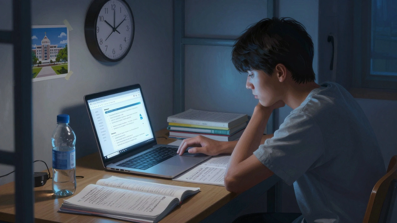 A lone student studying late at night in a hostel room with textbooks, notes, and a glowing laptop displaying test series.