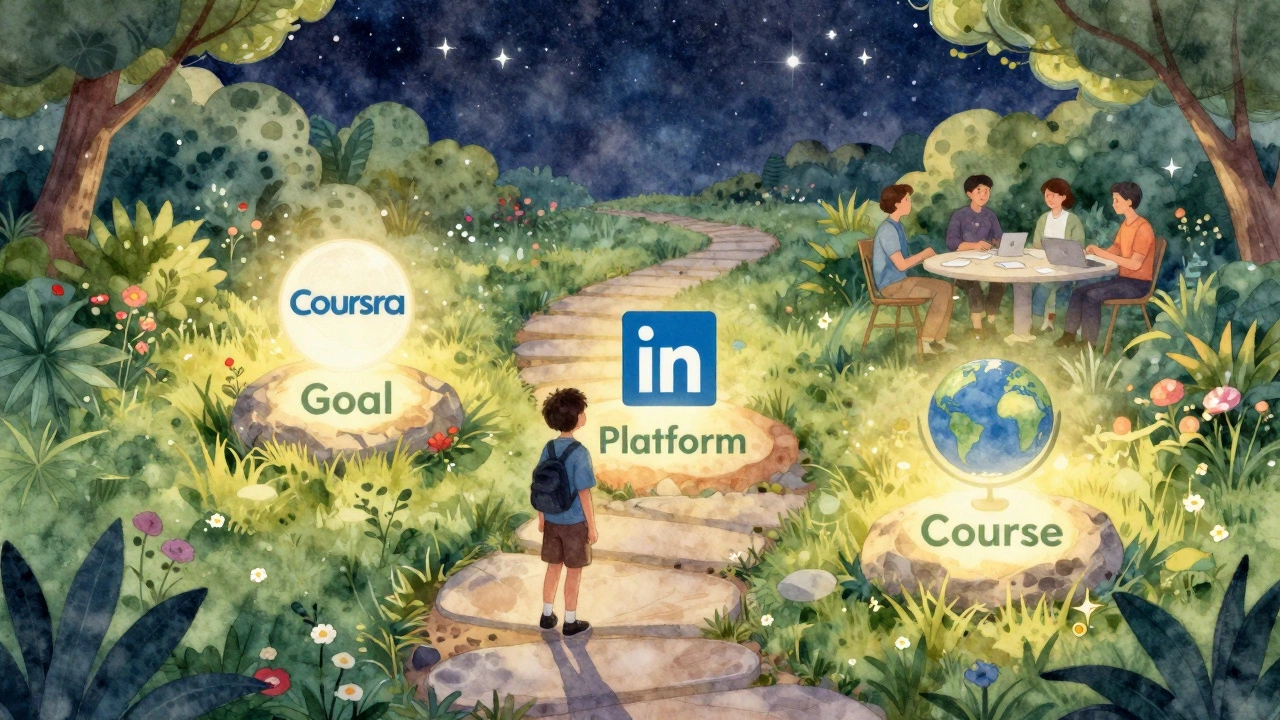 A symbolic path through a garden with glowing learning platform markers leading to success.