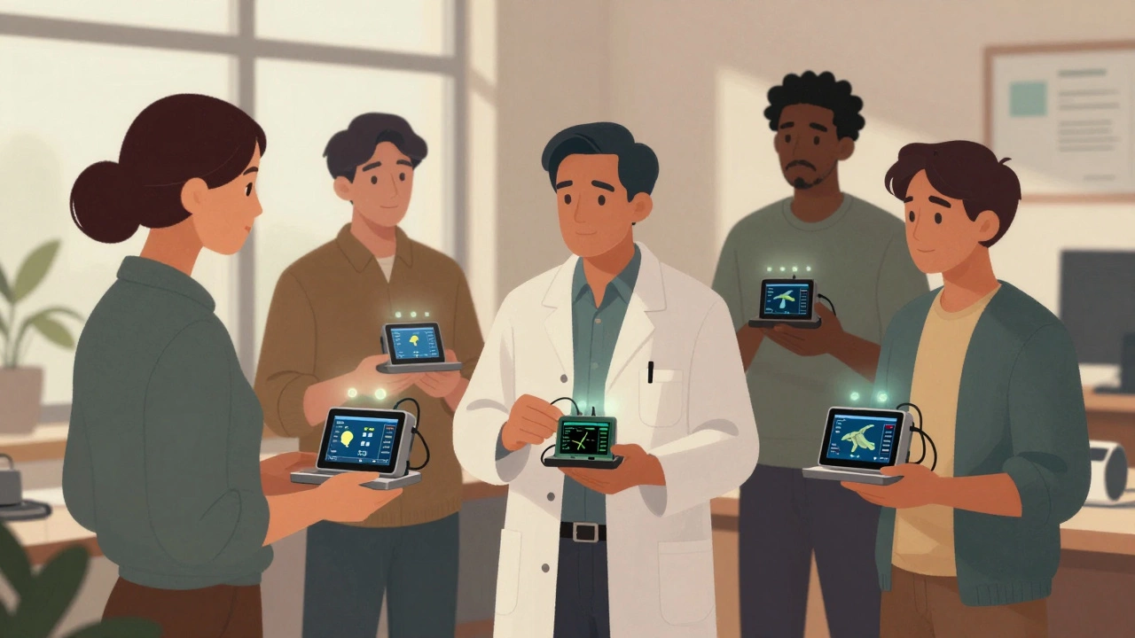 A teacher, scientist, and business owner using Raspberry Pi devices with sensors and data displays.