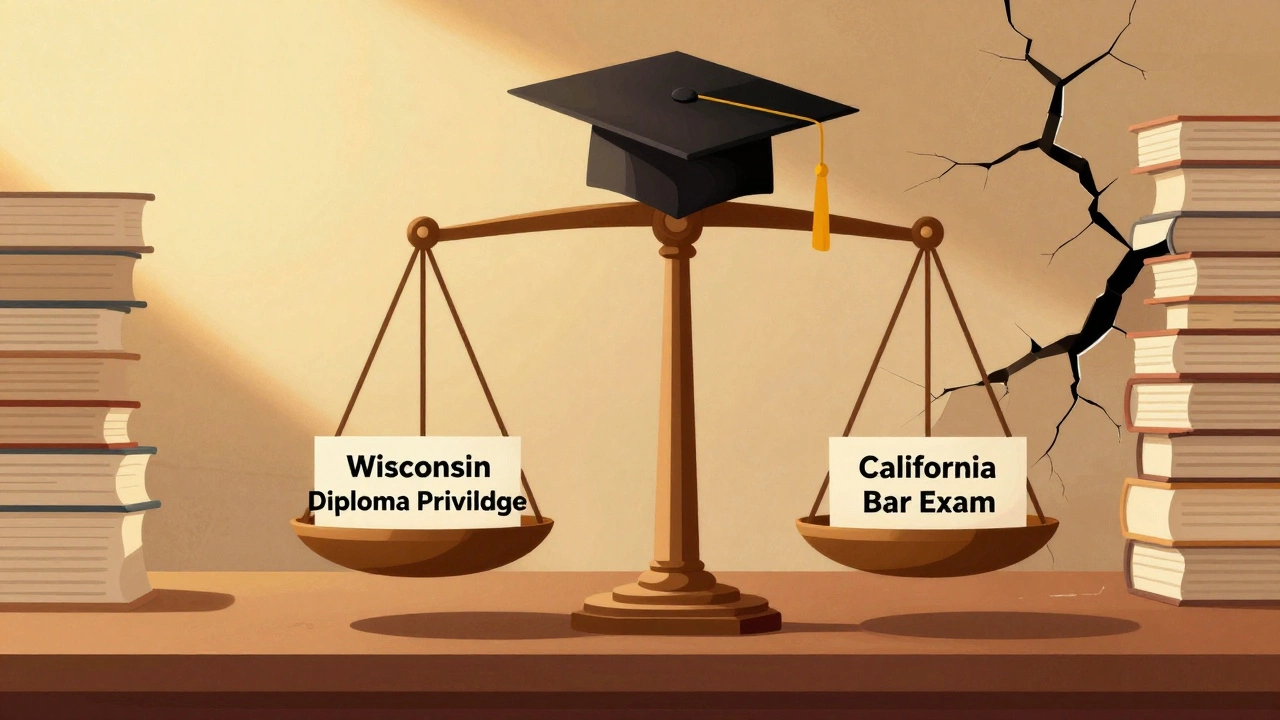 Courtroom scale balancing Wisconsin diploma privilege against California bar exam.
