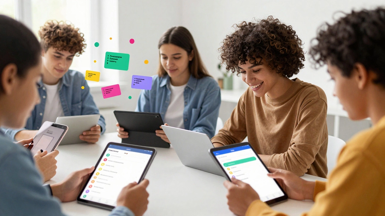 Diverse learners building a to-do app in a workshop, code snippets floating around them.