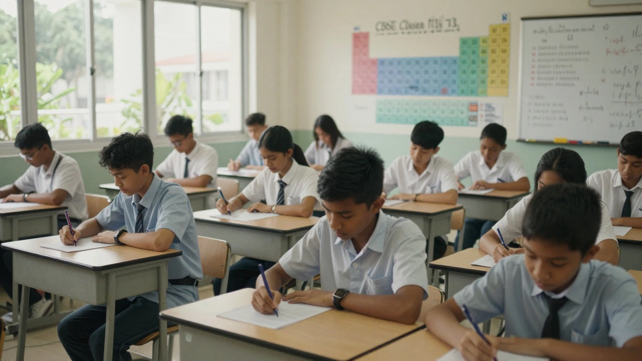 Diverse students taking a CBSE exam in a Singapore classroom with educational posters on the walls.