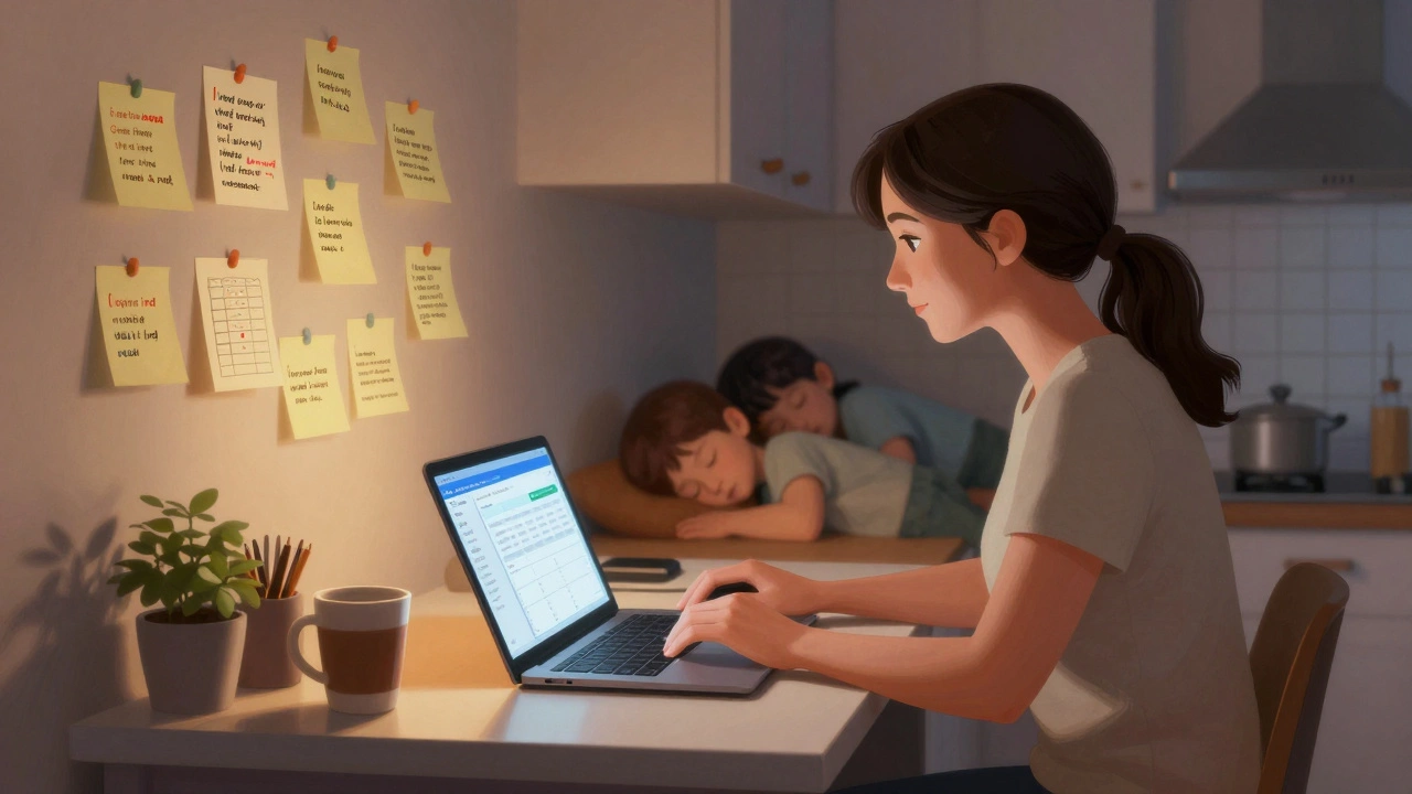 Single mother working on a data analytics dashboard late at night at home.