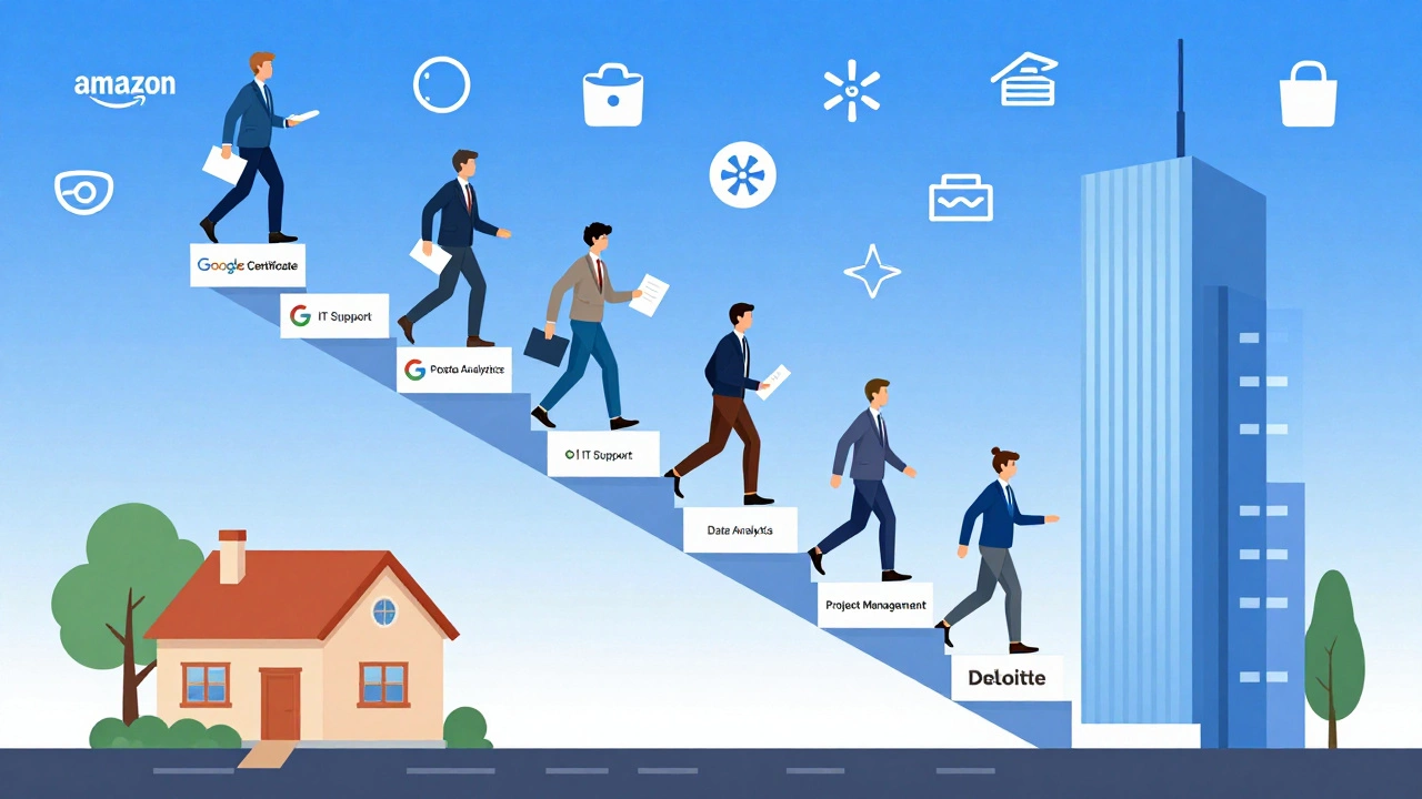 Staircase of digital certificates leading from home to corporate office tower.