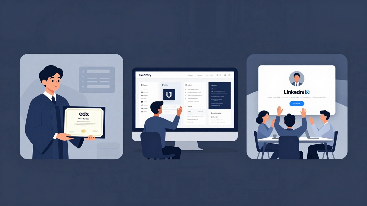 Three learners receiving digital certificates from Coursera, Udemy, and LinkedIn Learning.