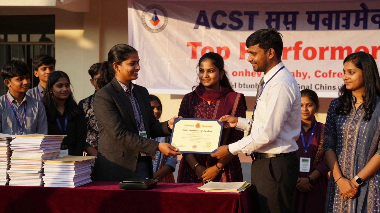 Top scholarship winners at Allen Kota receiving certificates from faculty during a ceremony with study materials in the background.