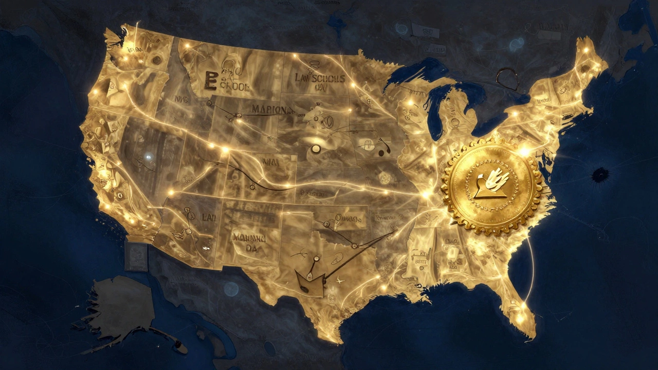 U.S. map with glowing paths to easy bar states and dark paths to difficult ones.