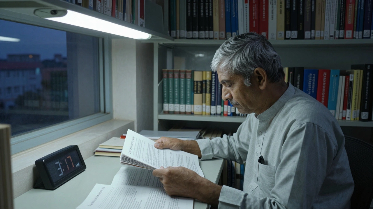 An older learner studying late at night in a quiet library with printed distance education materials.