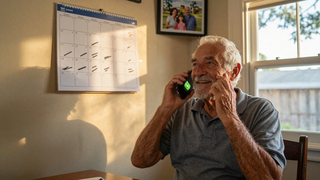 An older man practicing Spanish on Duolingo at home with streaks visible on a calendar.