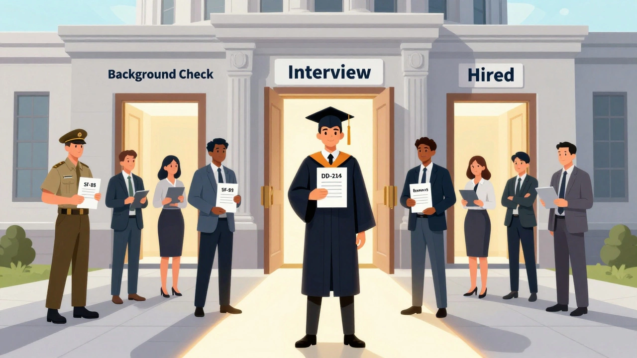 Diverse applicants approaching a government building with key hiring documents