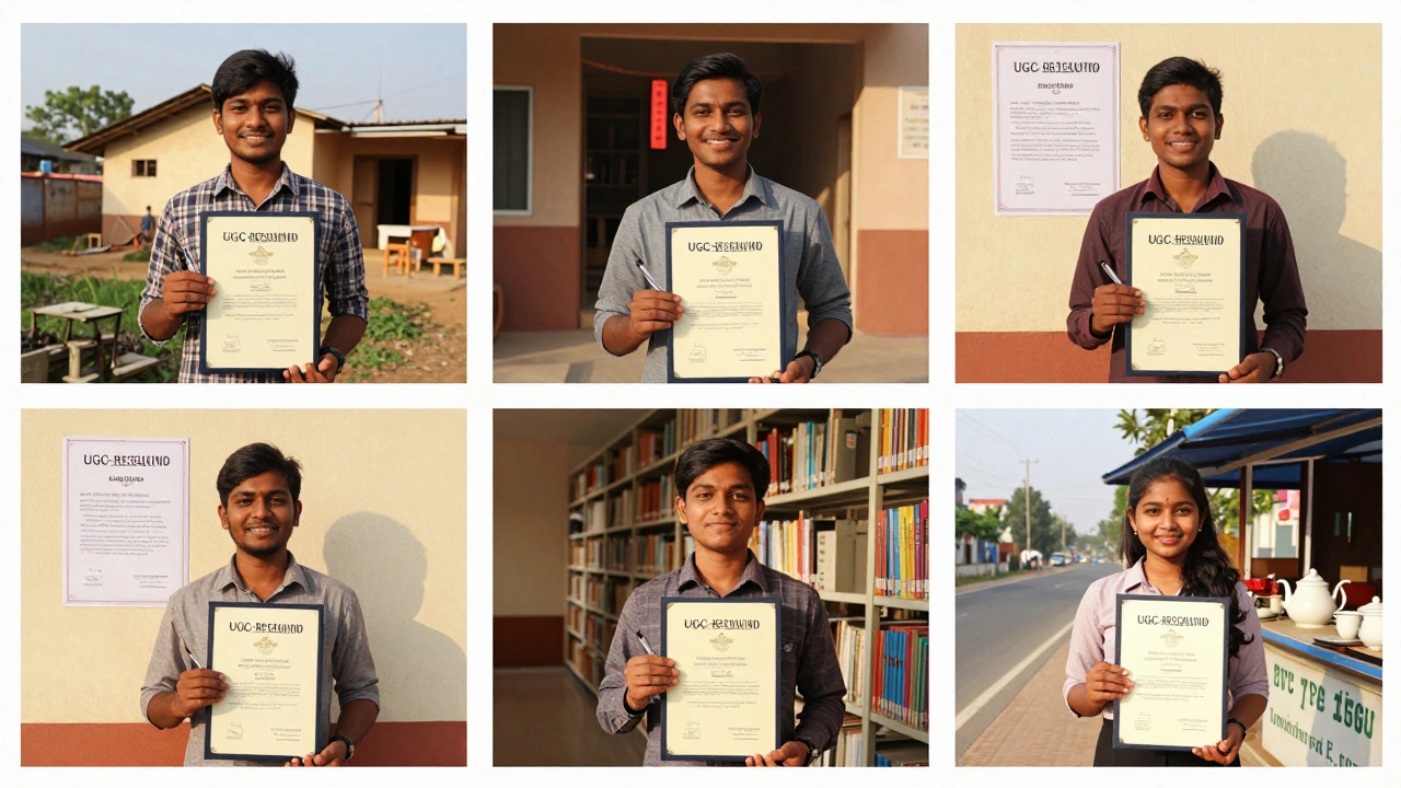 Four students from different backgrounds holding recognized degrees with civil service exam notifications visible.