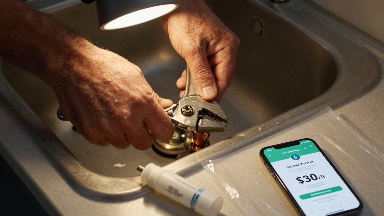 Hands tightening a pipe fitting under a sink, with tools and a smartphone showing a high hourly wage.