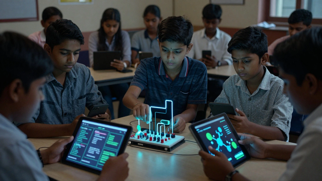 Learners in a community center using interactive science simulations on tablets.