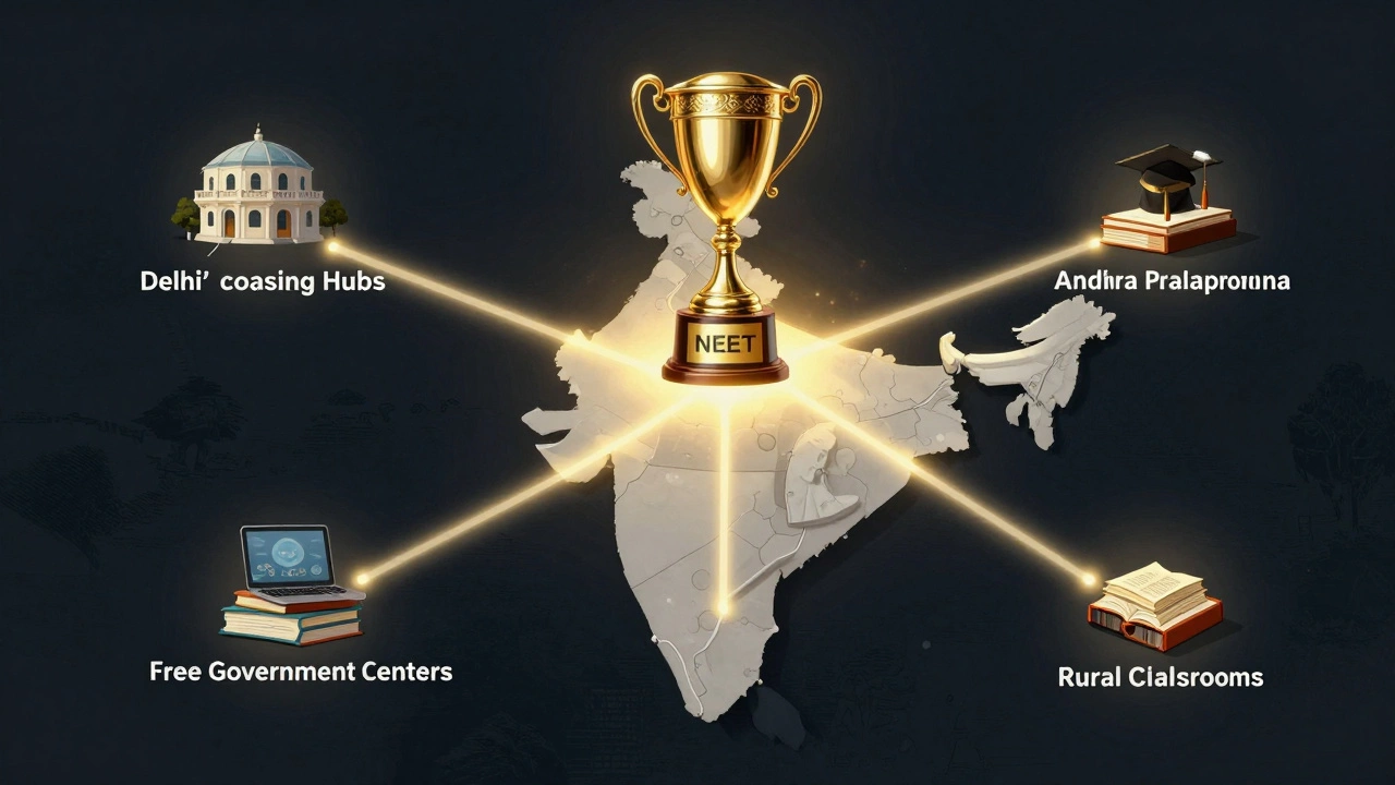 Map of India showing interconnected NEET success systems from Delhi to rural Telangana.