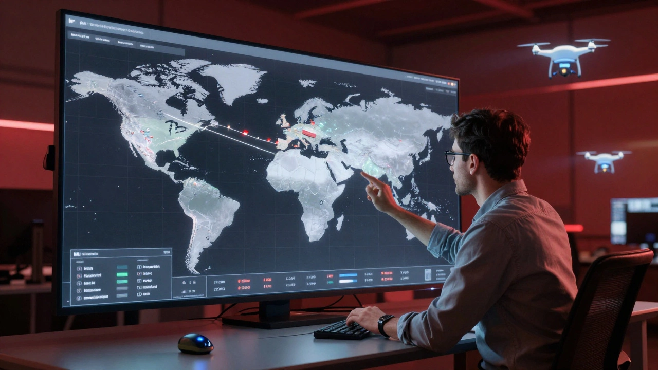 MBA graduate managing global supply chain data using holographic maps and AI analytics.