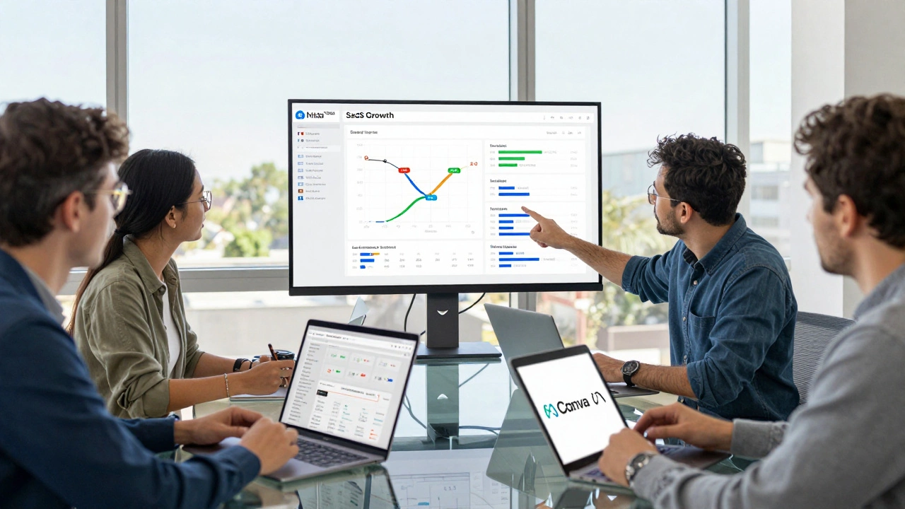Tech team collaborating on product strategy with equity graphs and company logos in a bright workspace.