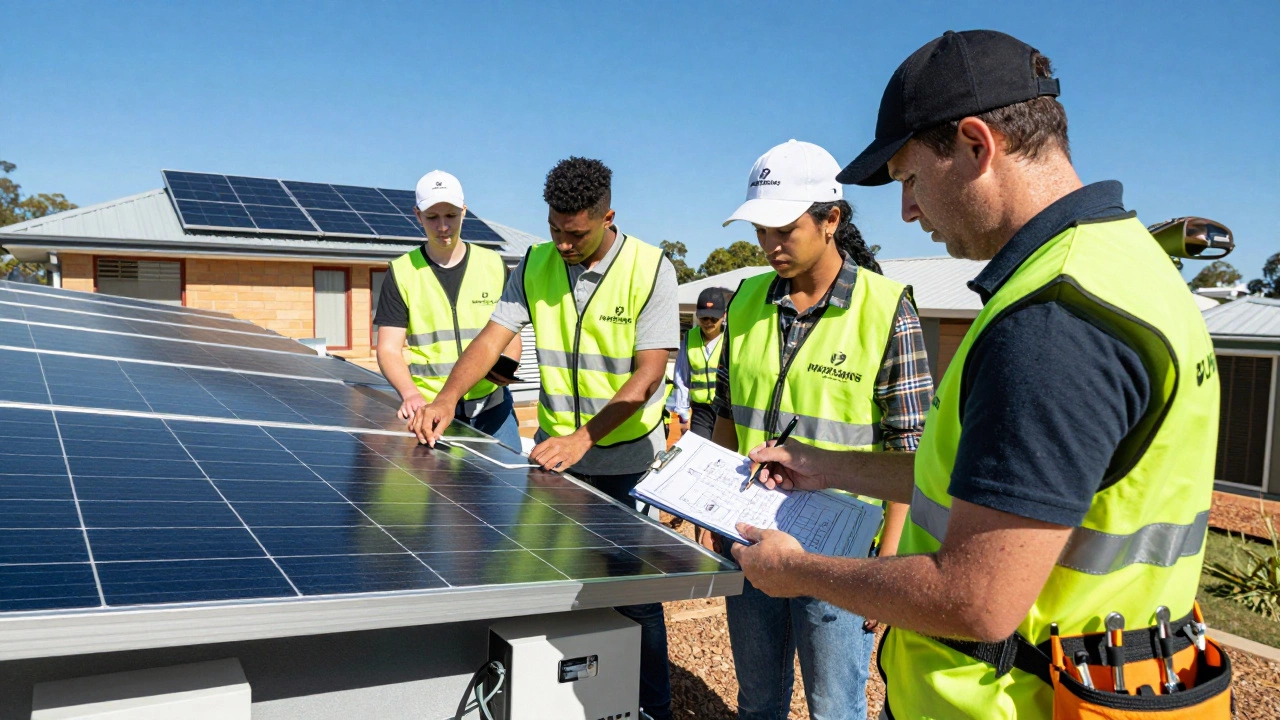 Trainees learning to mount solar panels on a rooftop under supervision in a sunny Australian suburb.