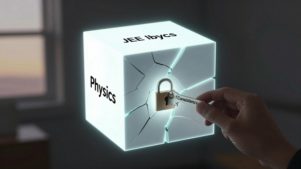 A glowing cube with three subject faces, being repaired by a key labeled 'Consistency' in a dim room.