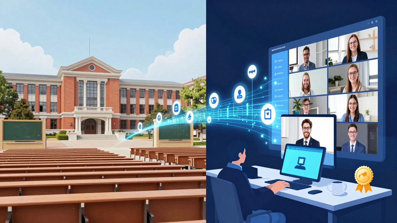 A split visual contrasting traditional campus learning with modern digital education connected by a data bridge.