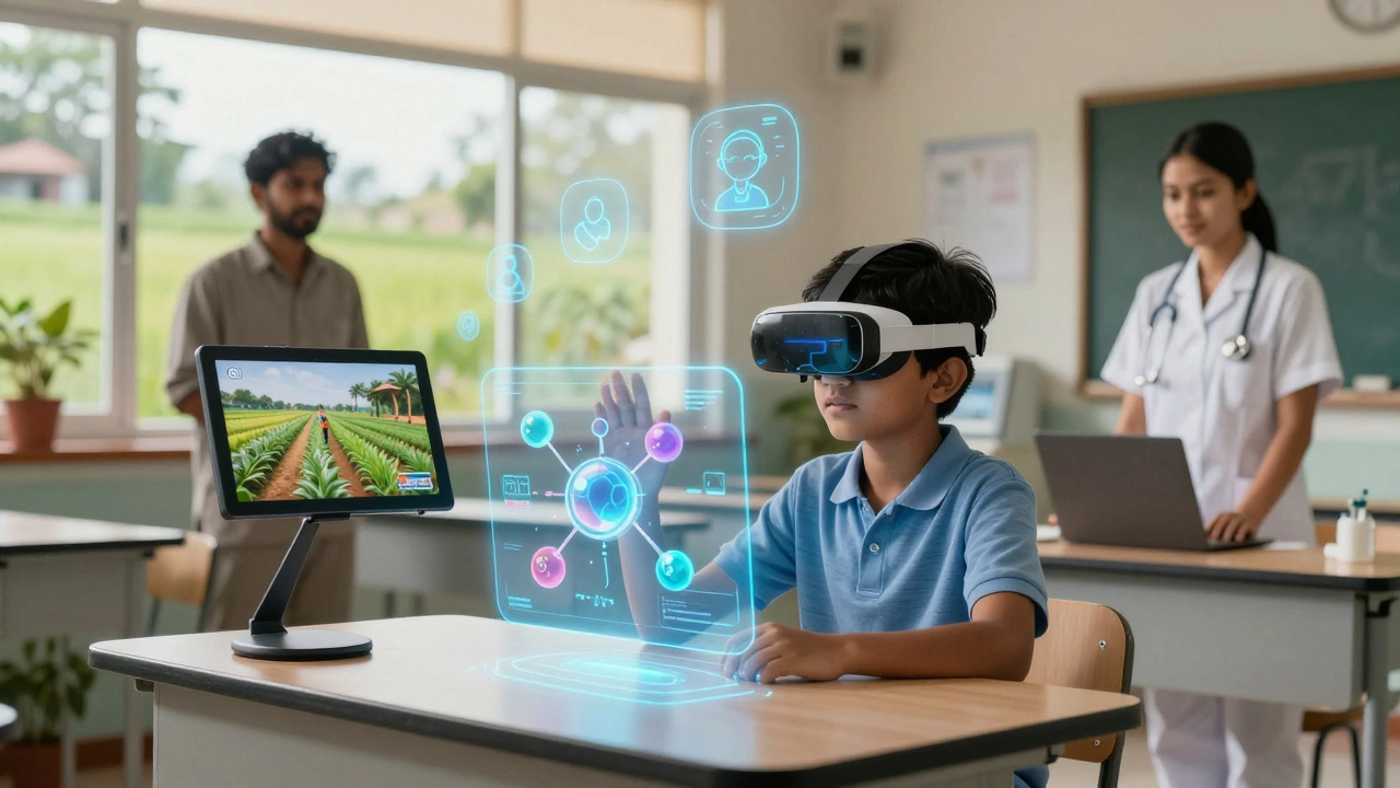 A student in India using AR to learn science while a nurse and farmer join remotely via holographic tech.