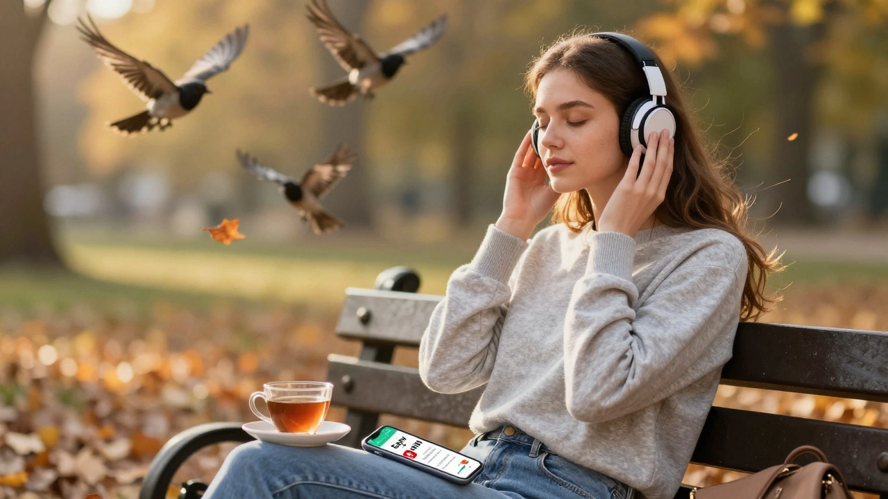 A woman listening to an English podcast on a park bench with tea and headphones.