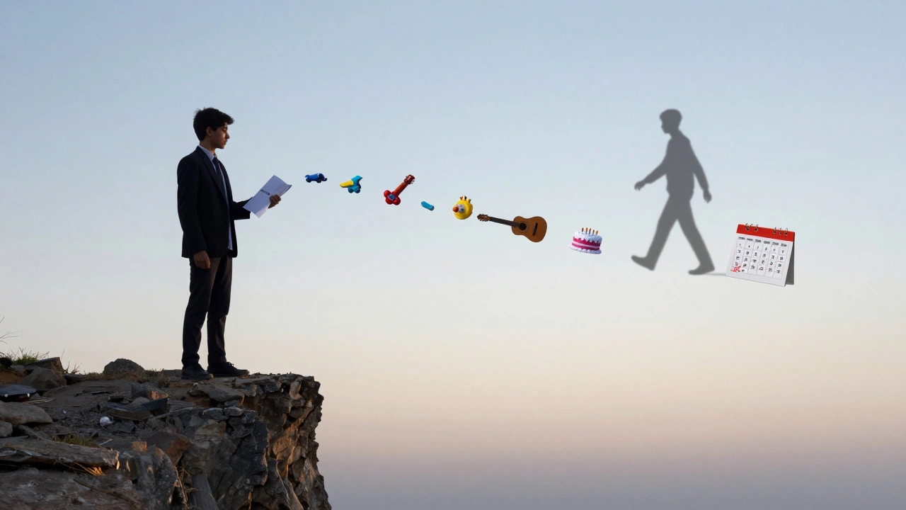 A young adult stands at a cliff, holding a diploma as their childhood memories fade behind them.