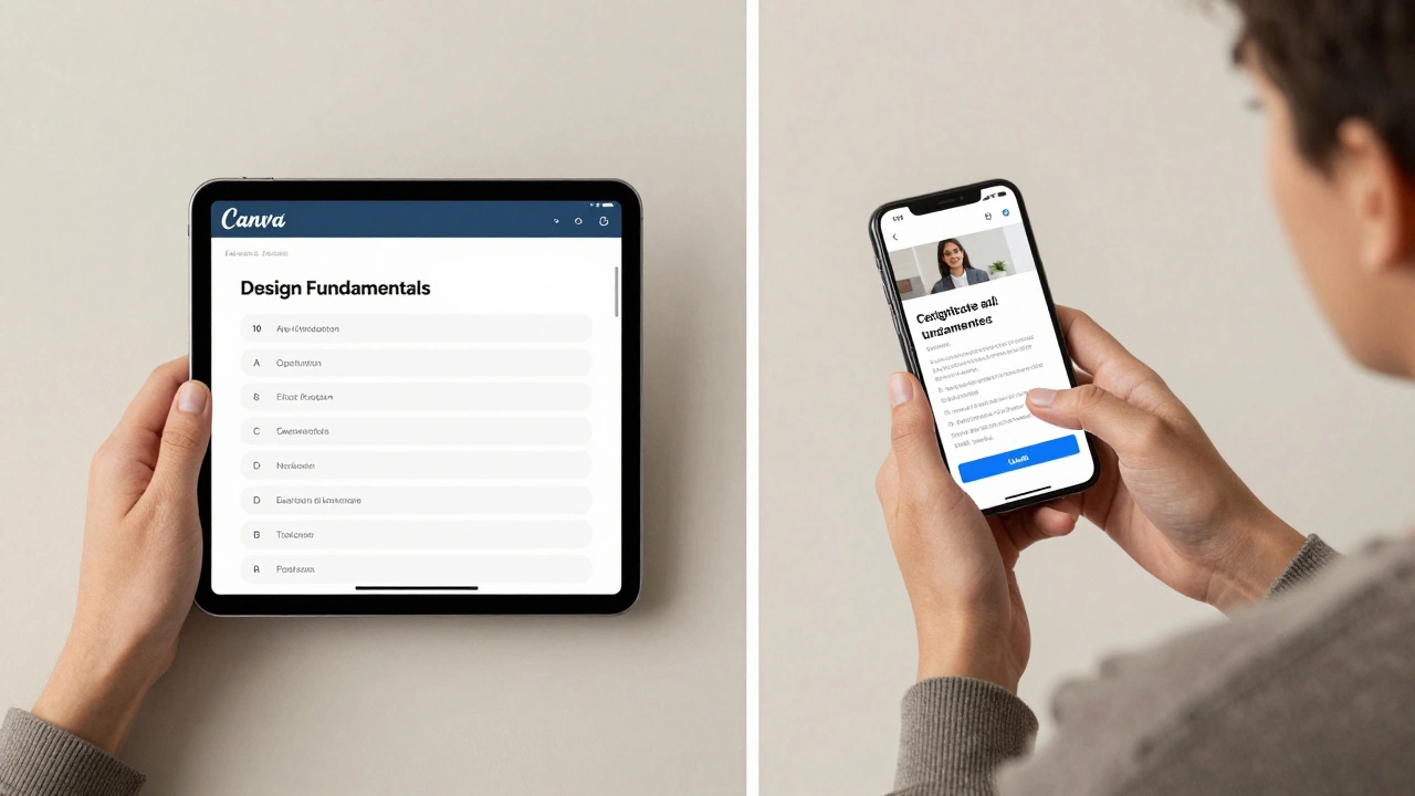 Hand completing a Canva Design Fundamentals quiz on a tablet.