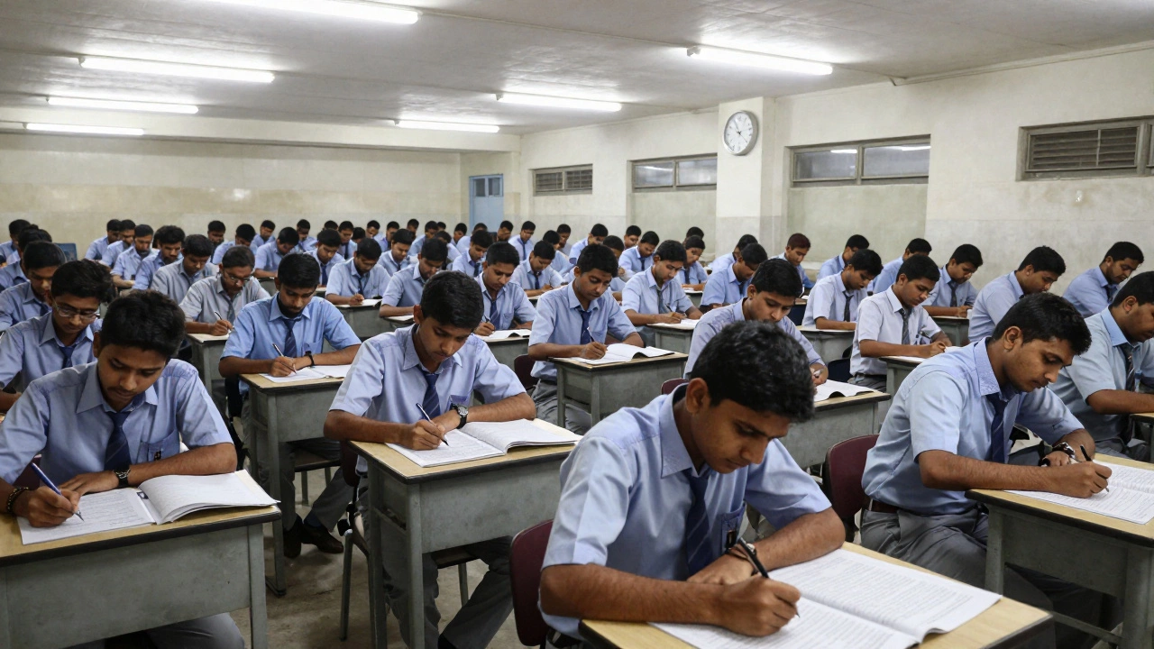 Hundreds of students sit in silent concentration during a high-stakes national exam.