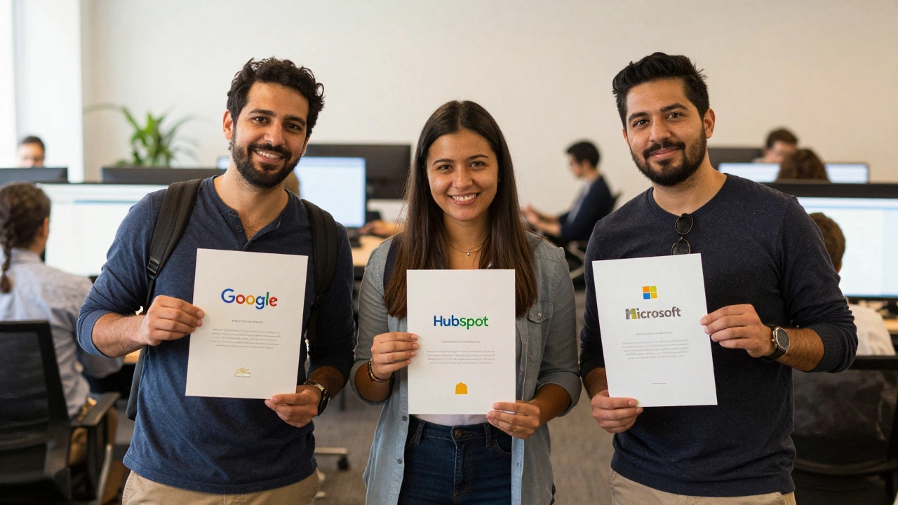 Three people holding recognized online certificates in a co-working space.