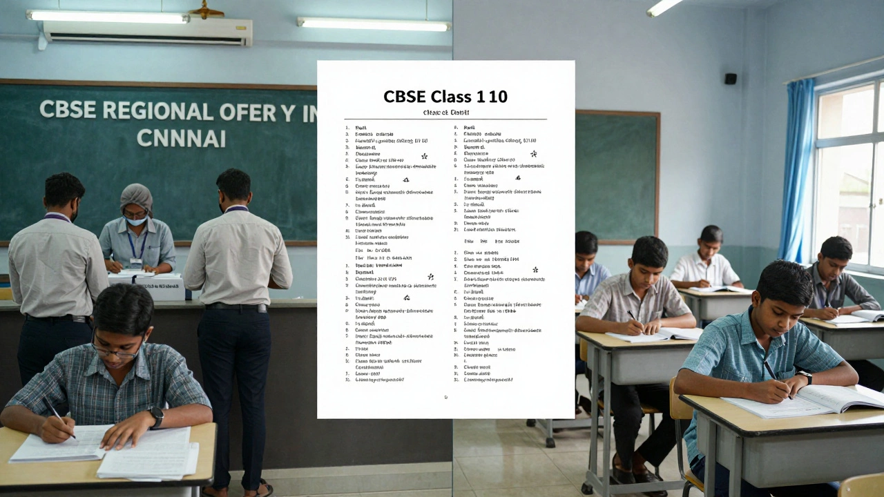A CBSE regional office in Chennai and a classroom in Guwahati, both conducting the same exam.