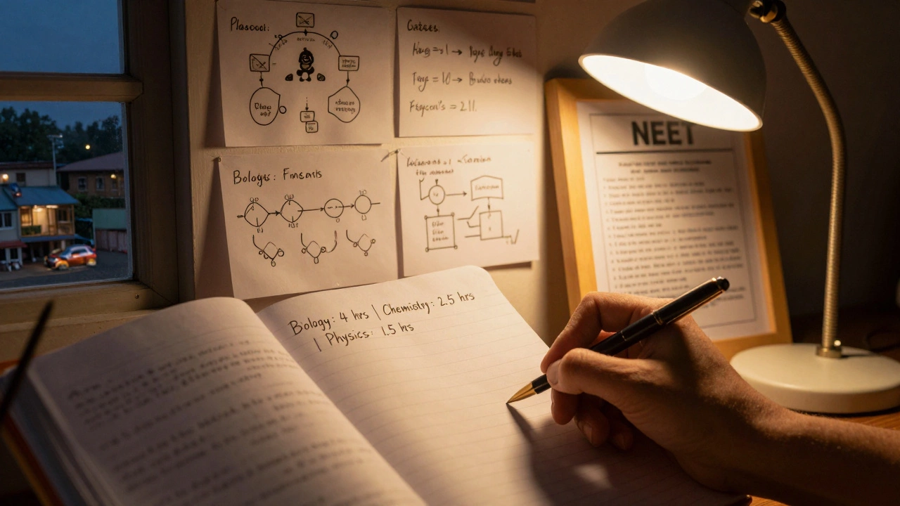 A hand writing a study schedule under a lamp, with flashcards on the wall showing NEET biology and chemistry key points.