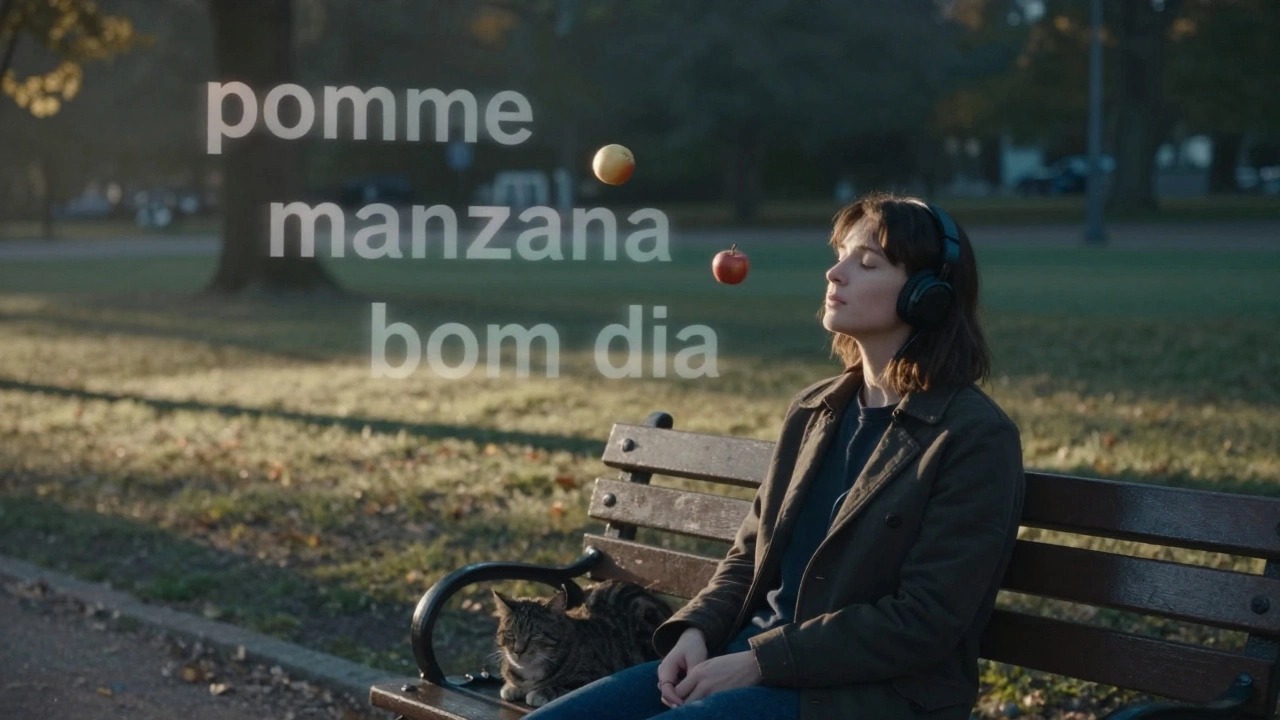 A person listening to a foreign language at dawn, with floating words tied to personal memories.