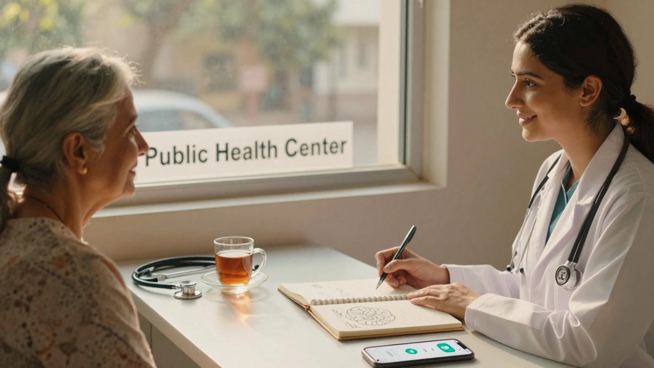 A psychiatrist in a quiet clinic in a tier-2 Indian city, connecting with an elderly patient during a consultation.