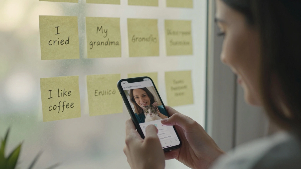 A woman changing her phone language while speaking to her cat, surrounded by emotional sticky notes.