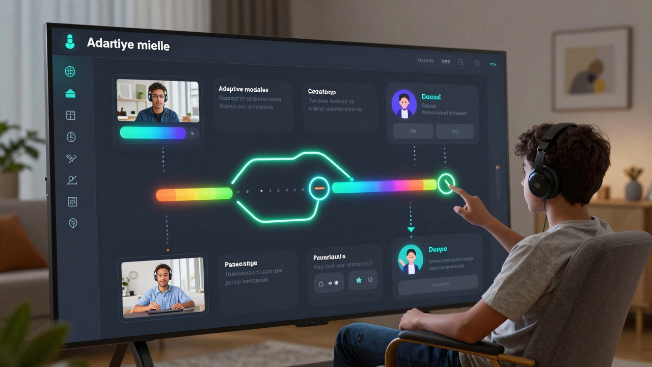 An AI learning dashboard displays personalized educational modules glowing with progress indicators.