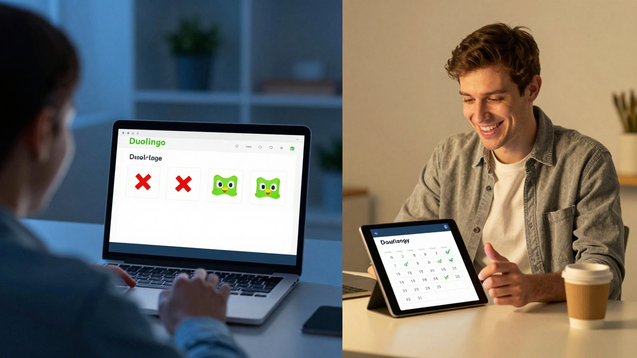 Contrast between robotic language app exercises and authentic human conversation with a tutor.