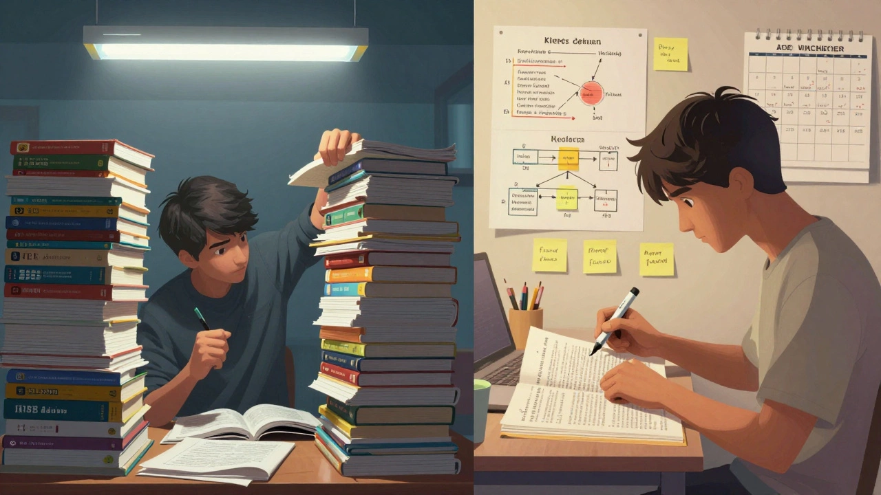 Contrasting study methods: chaotic coaching materials vs. focused NCERT review with sticky notes and diagrams.