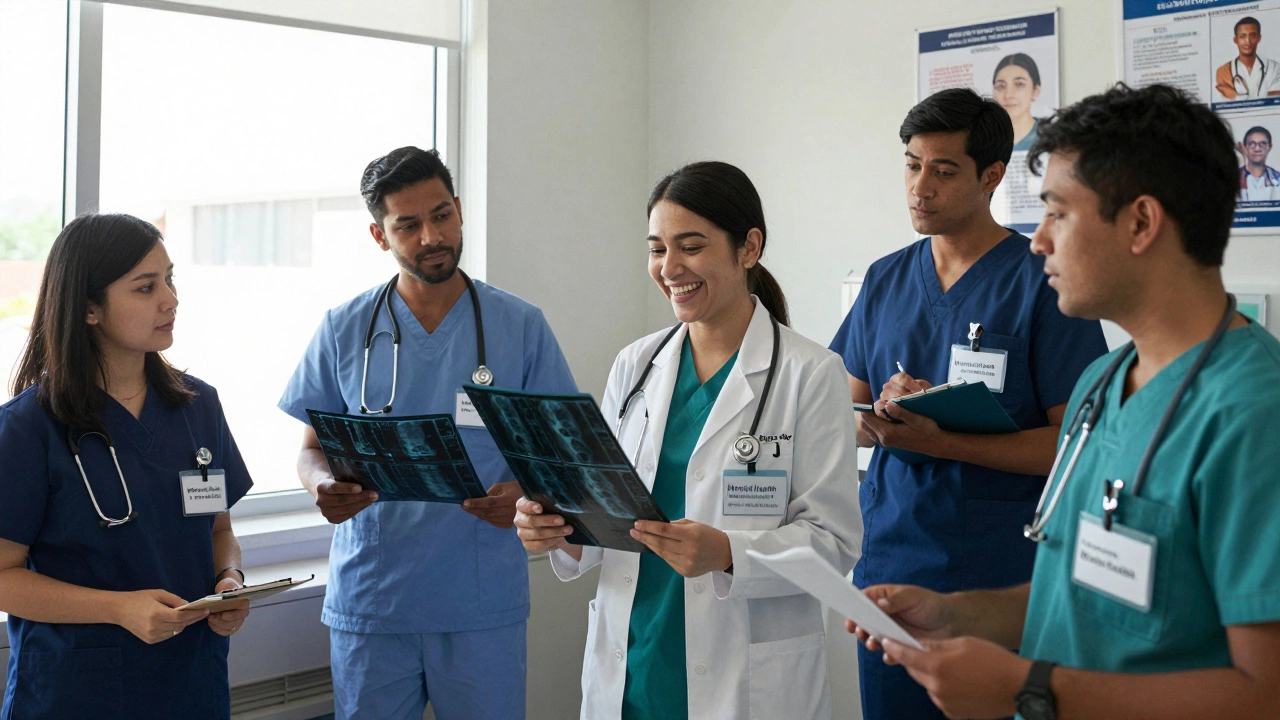 Diverse medical residents in a break room, each representing a different specialty with emotional authenticity.