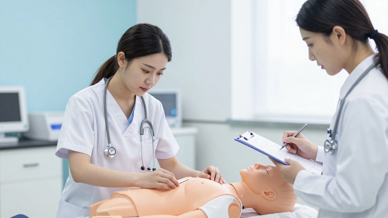 Healthcare students practicing patient care with instructor