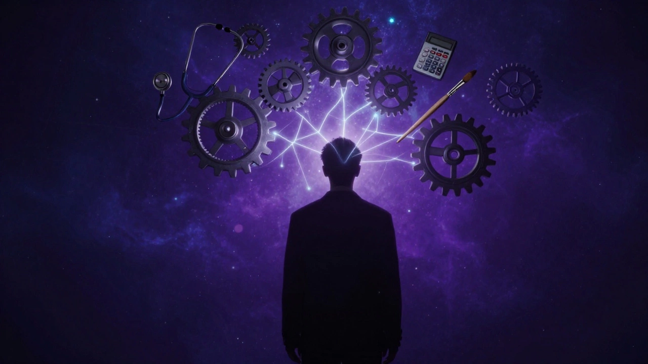 Silhouette connecting mind to floating tools