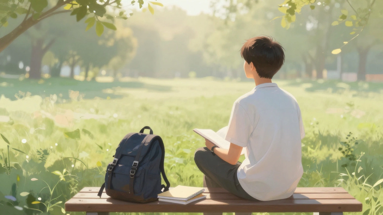 Student relaxing on a bench at sunrise with books nearby.