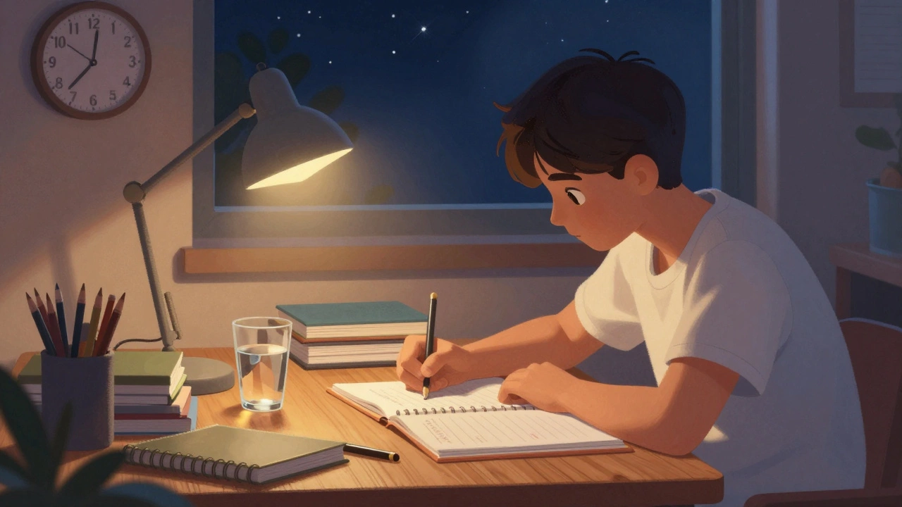 Student studying late at night with notebooks and a desk lamp.